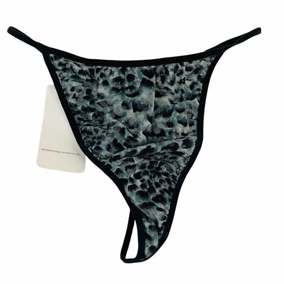 Rene Rofe Black Grey Leopard Animal Print G String Panty Rhinestone Boudoir - Picture 1 of 7